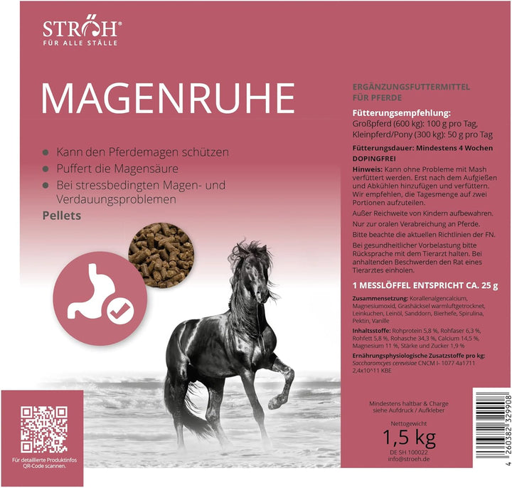 STRÖH Magenruhe Pferd (1,5kg) • Für Pferde Magen, Darm & Verdauung • Mineralfutter mit Bierhefe, San