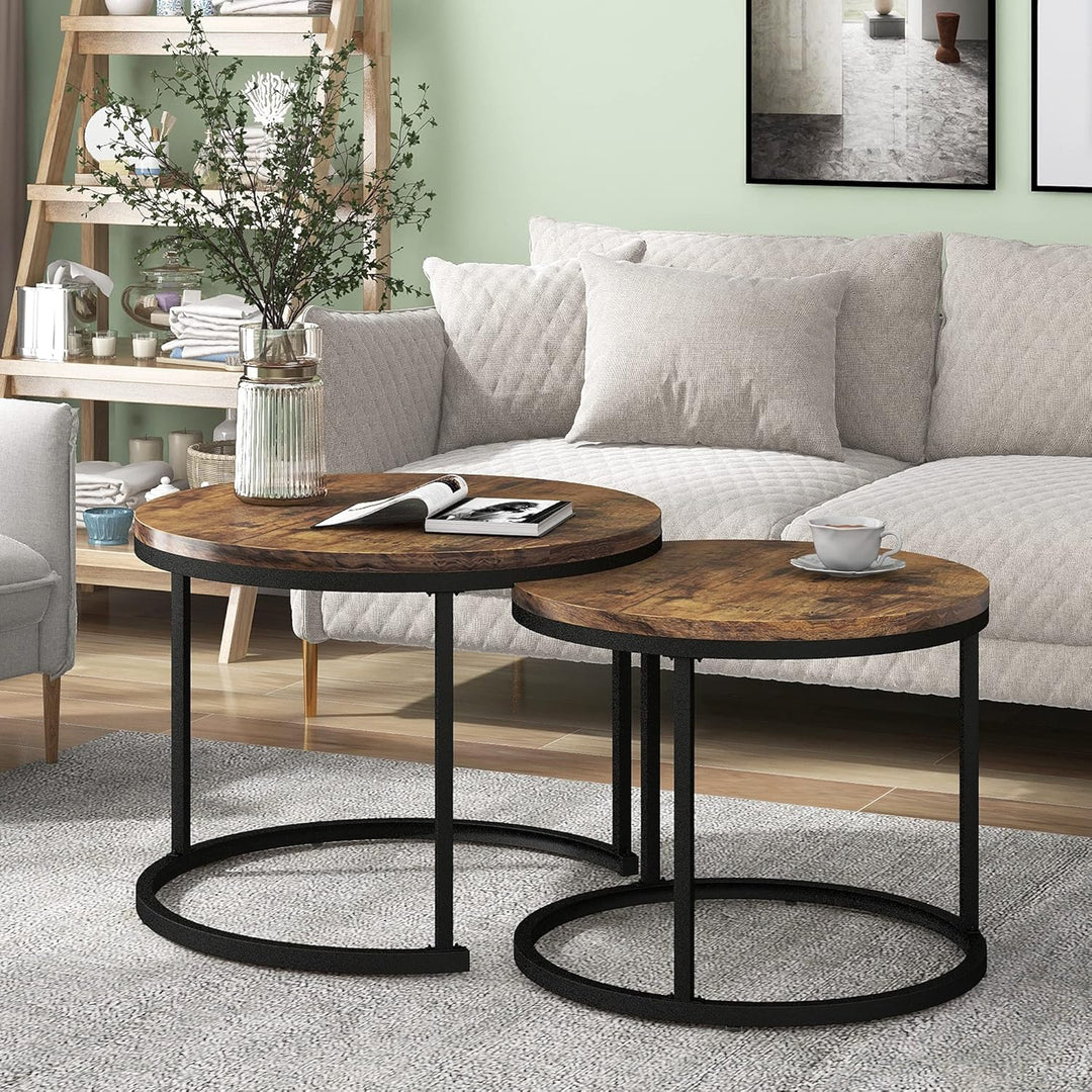 Merax Rund Couchtisch Set, 2-in-1 Nesting Couchtisch Satztisch, Metallgestell, für Wohnzimmer, Balko