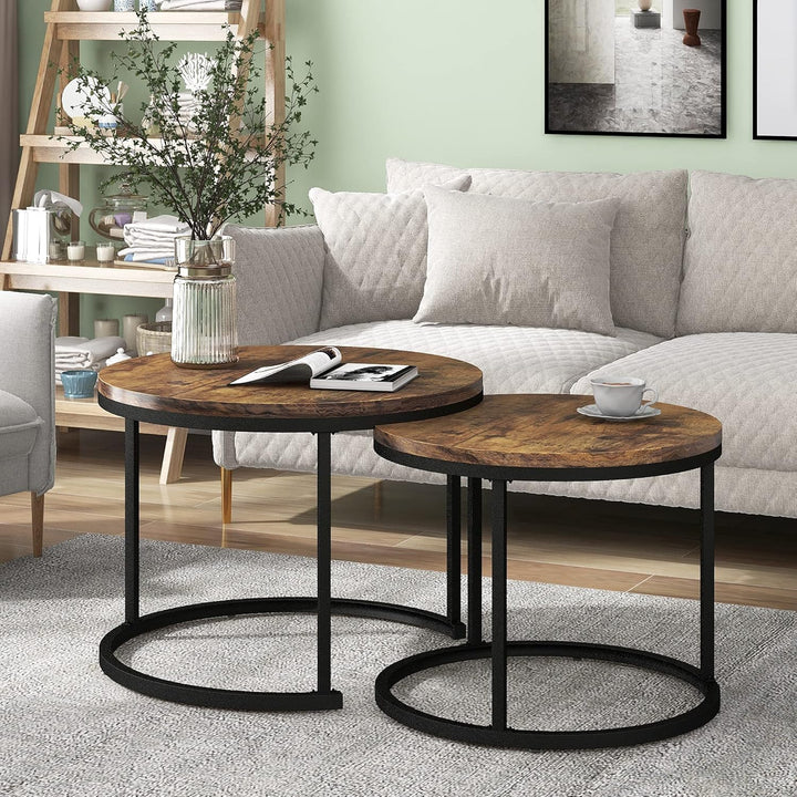 Merax Rund Couchtisch Set, 2-in-1 Nesting Couchtisch Satztisch, Metallgestell, für Wohnzimmer, Balko