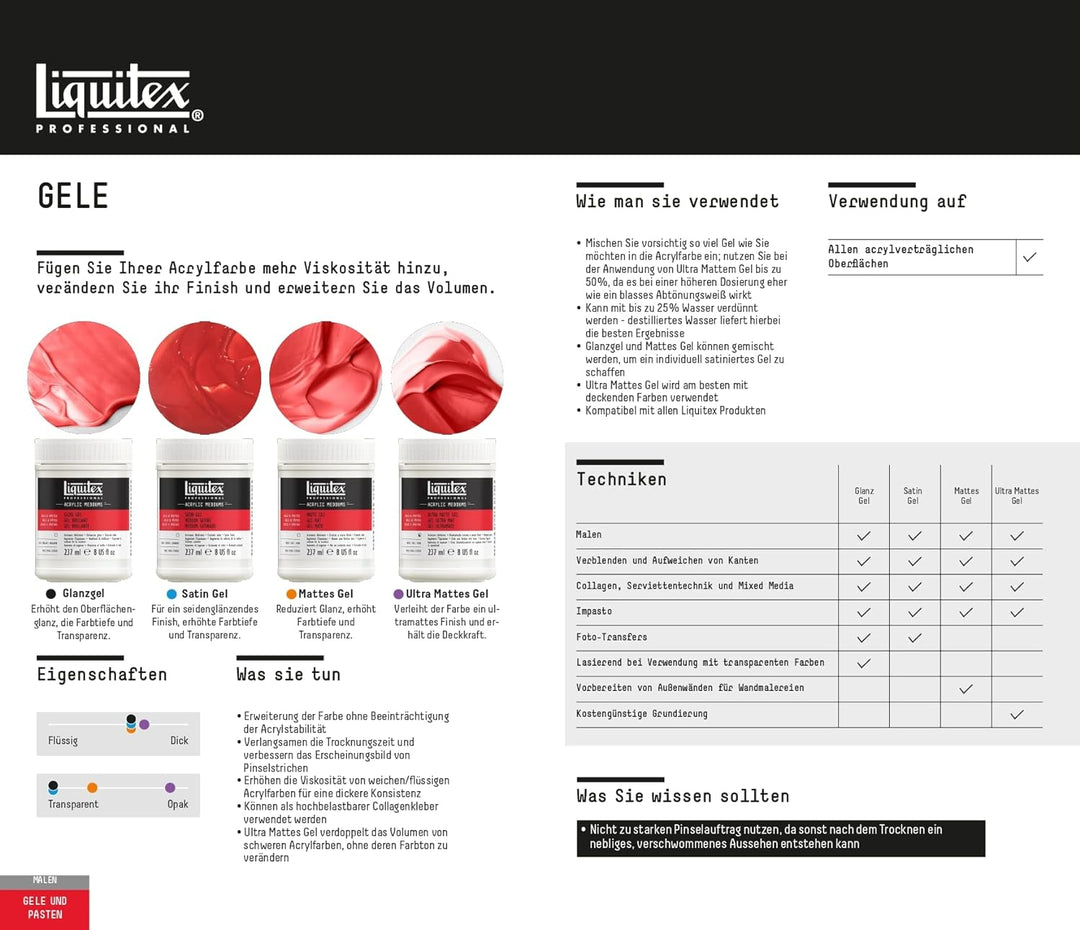 Liquitex 5324 Professional Mattes Gel Medium, entzieht Acrylfarben den Glanz, kann als Klebemittel f