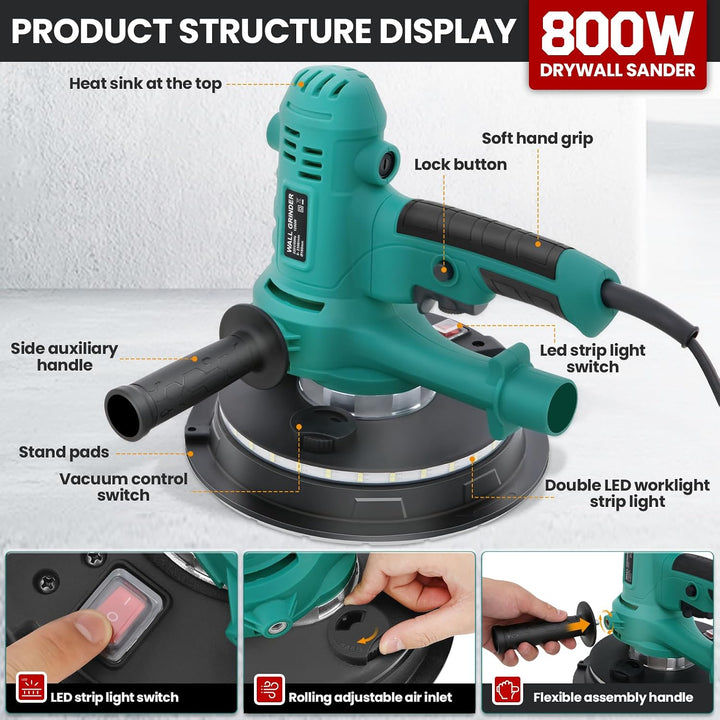 800W Elektrischer Trockenbauschleifer,1200-2300RPM Variable Geschwindigkeit,Wandschleifmaschine mit