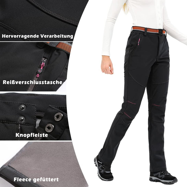 Micosuza Damen Fleece Wanderhose Winddicht Wasserdicht Softshell Outdoorhose, Schwarz
