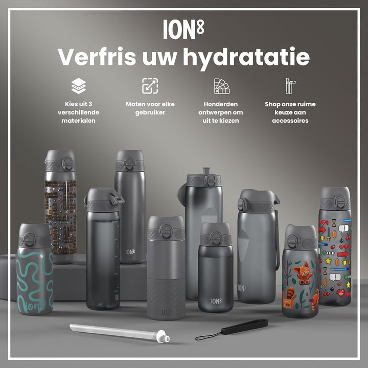Ion8 Stahl-Trinkflasche, 600 ml, Auslaufsicher, Einhandöffnung, Sichere Verriegelung, Spülmaschinenf