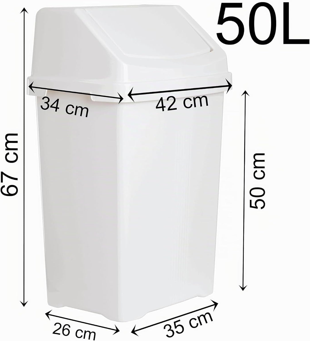 1 STÜCK Mülleimer mit Schwingdeckel 50 Liter eckig Weiss Schwingdeckeleimer Kunststoff Küche Büro Ba