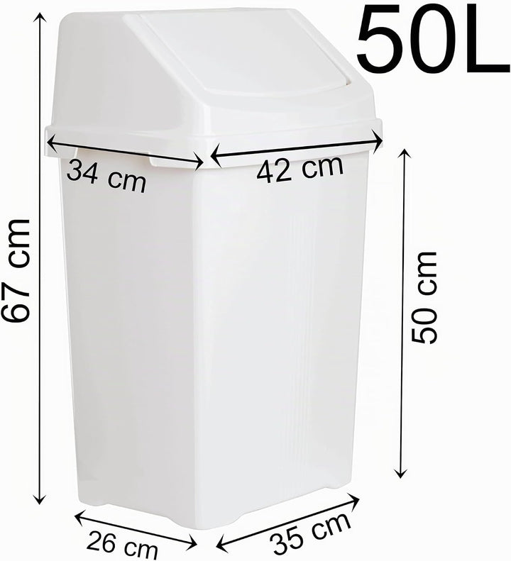 1 STÜCK Mülleimer mit Schwingdeckel 50 Liter eckig Weiss Schwingdeckeleimer Kunststoff Küche Büro Ba