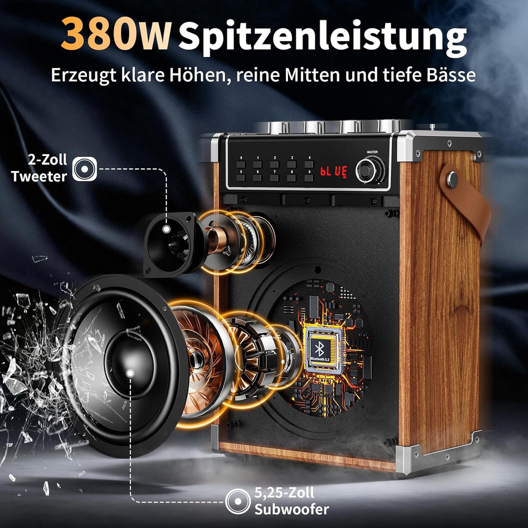 JYX Karaoke Maschine mit 2 UHF-Funkmikrofonen, Bluetooth-Lautsprecher mit Bass-/Höhen-Einstellung un