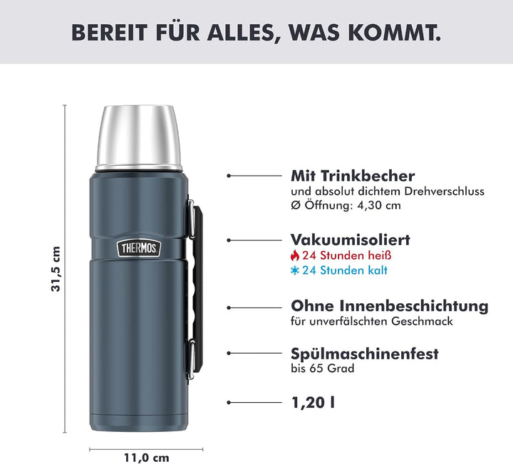 THERMOS STAINLESS KING Thermosflasche ice grey 1,20l - Edelstahl, absolut dicht, mit Trinkbecher und