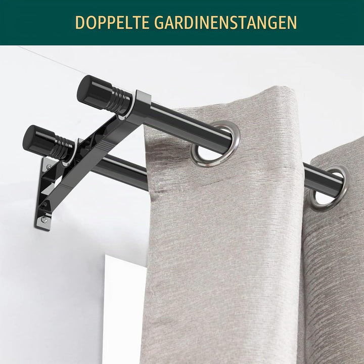 Gardinenstange Schwarz, 76-222cm, Vorhangstange Doppelläufig Metall Ausziehbar, Scheibengardinenstan