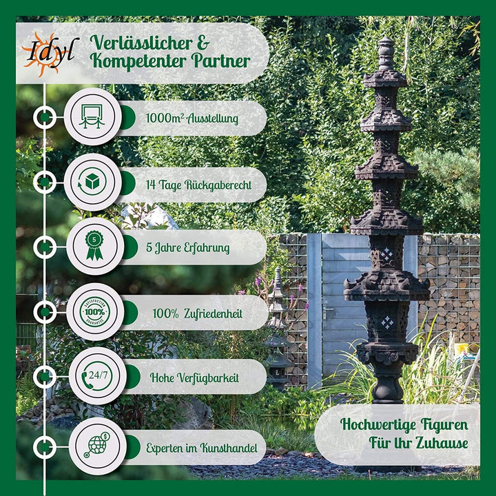 IDYL Lavastein Stein Laterne Kaiserpagoda| Höhe 145 cm | frostfest | Asiatische Garten-Dekoration |