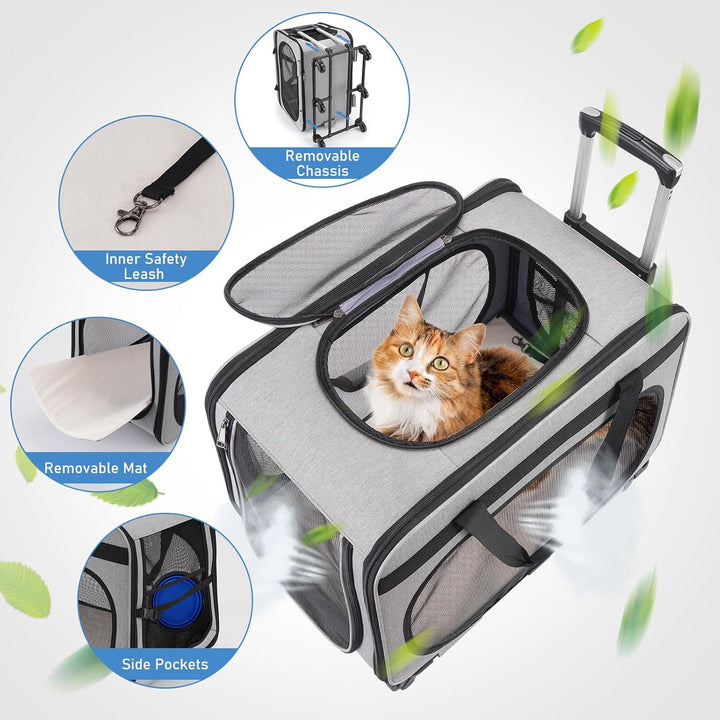 Transportbox Katze Gross bis 20kg, 2-in-1 Hunde Transportbox mit Rollen, Katzentransportbox Hundebox