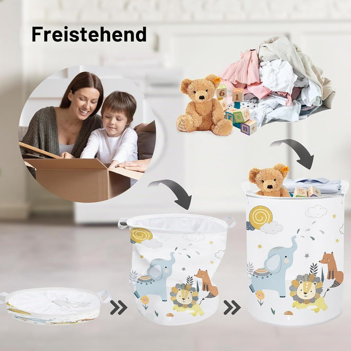 Clastyle Waldtier Löwe Elefant Weiss Kinder Wäschekorb für Jungen Mädchen Grosse Fuchs Kleidung Spie