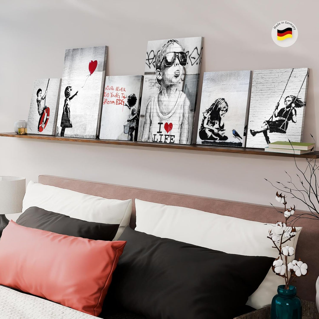 Novart Wandbilder Banksy Collage - KOMPLETT AUFHÄNGFERTIG - Street Art Wohnzimmer Büro - 6 Moderne M