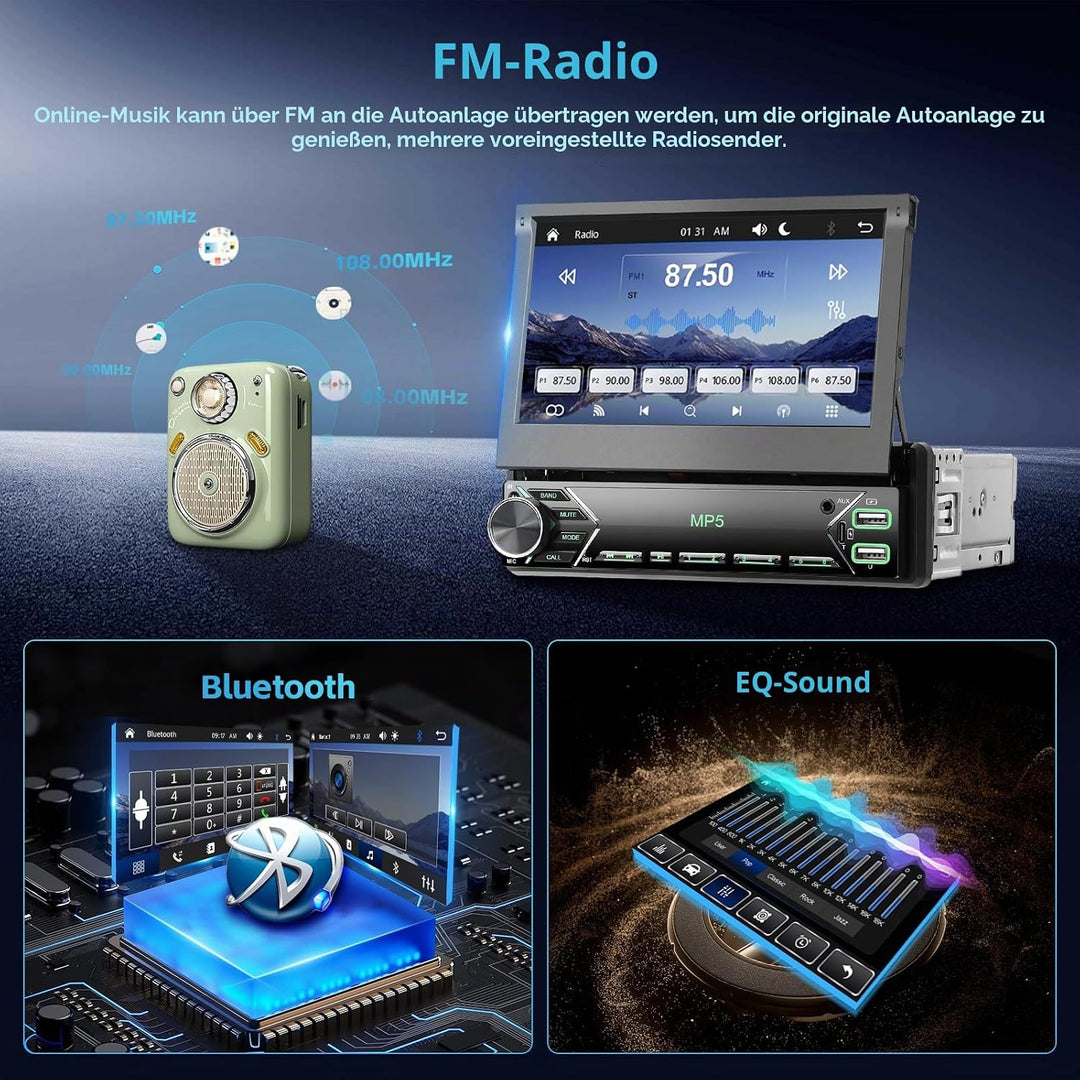 Hikity Autoradio 1 din mit Ausfahrbarem Display 7 Zoll, Radio 1 din mit Wireless Carplay Android Aut