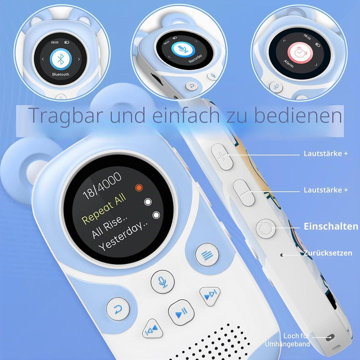 PINHUI Kinder MP3 Player Bluetooth 5.3 mit 32GB, musikplayer für Kinder,Lautsprecher, Aufhängeschnur