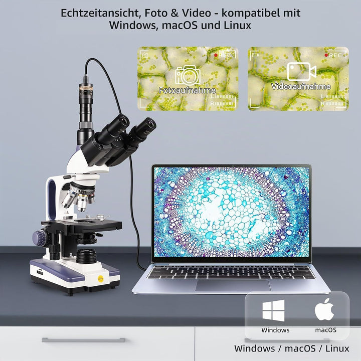 SWIFT SW350T Trinokulares biologisches Mikroskop 40–2500× mit EC5R 5‑MP USB-Okular, 1 W LED, Abbe‑Ko