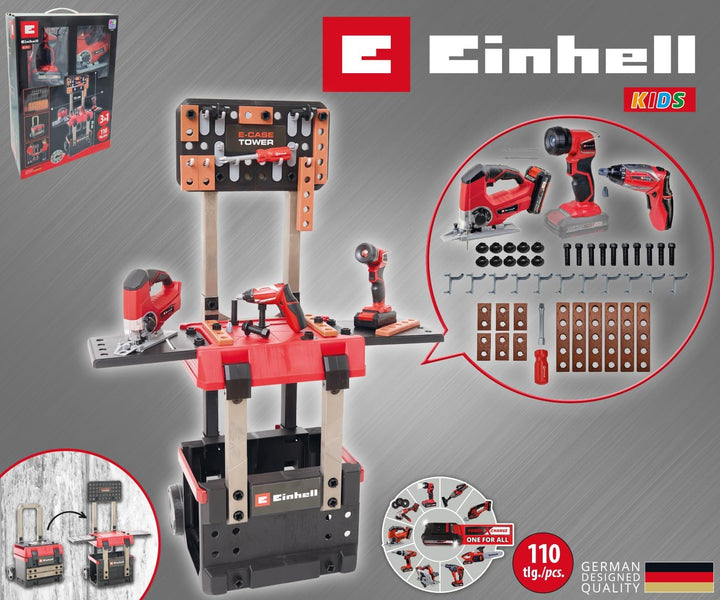 Einhell E-Case Werkbank 110-tlg., inkl. Mini-Schrauber, Stichsäge, Akku-Lampe und reichlich Zubehör,