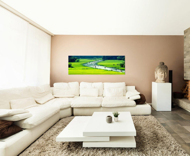 Paul Sinus Art Panoramabild auf Leinwand und Keilrahmen 150x50cm Vietnam Landschaft Reisfeld Fluss B