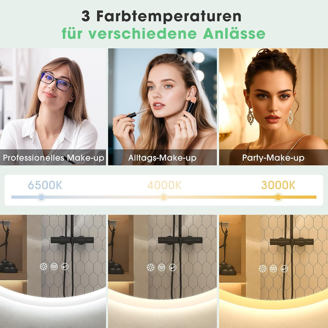 S'bagno Runder-Badspiegel-mit-Beleuchtung-90cm, Badezimmerspiegel-mit-Beleuchtung-und-Bluetooth, Ent