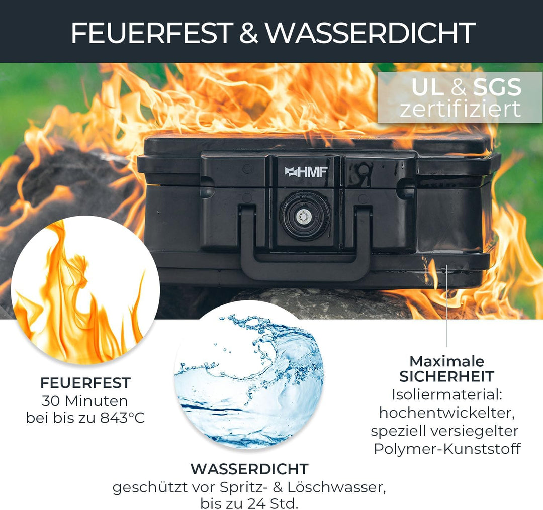 HMF 250452 Feuerfeste Wasserdichte Dokumentenbox | DIN A4 | 44,5 x 16,5 x 33 cm | schwarz