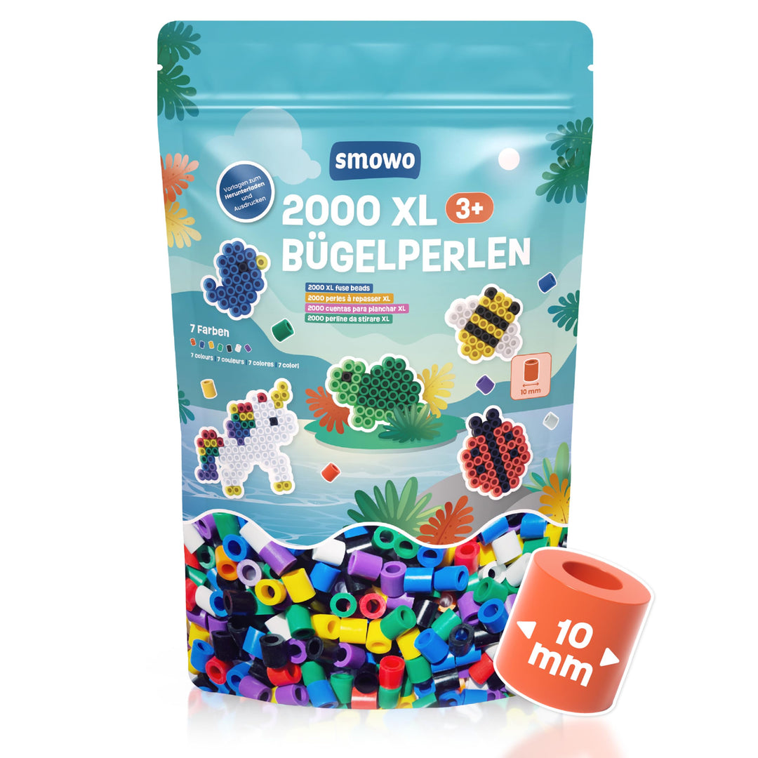 Smowo® Grosse 10mm Bügelperlen 2000 Stück für Kinder ab 3 Jahren - 7 bunte Farben XL Steckperlen - K