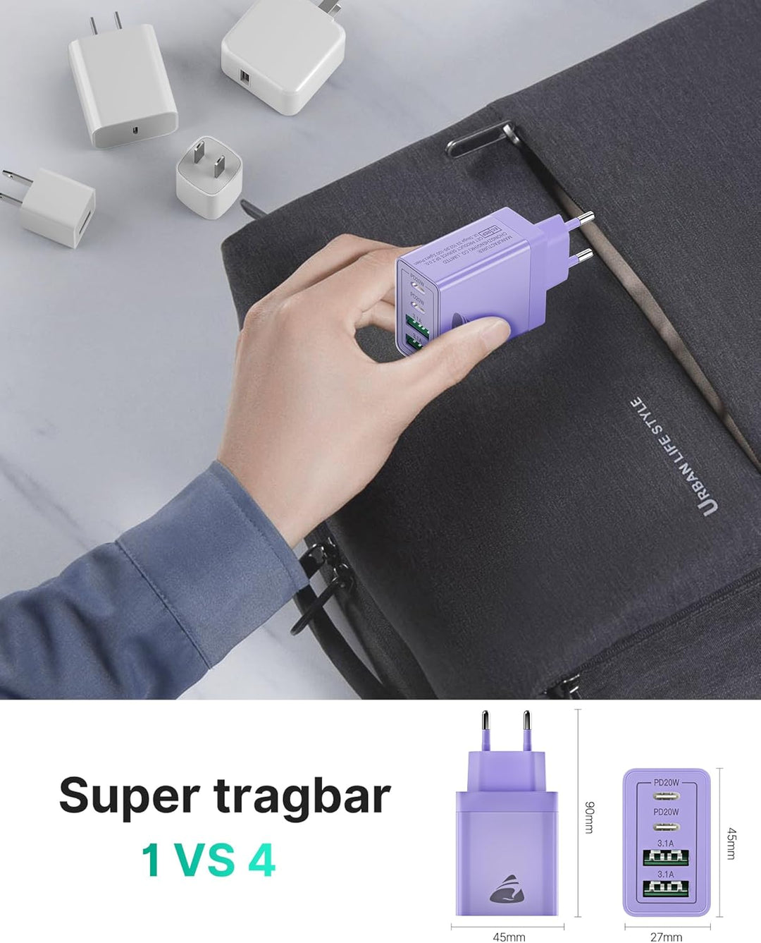 USB C Ladegerät,4-Ports 40W Mehrfach Schnellladegerät USB-C und USB-A,PD 3.0 Power Adapter Stecker L