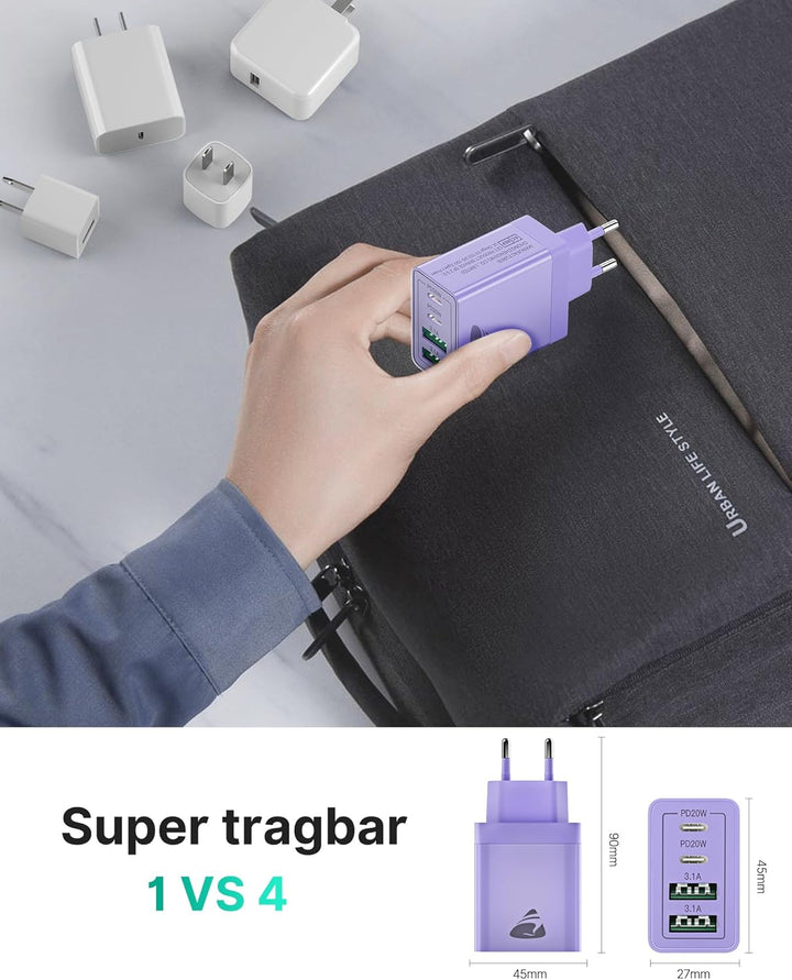 USB C Ladegerät,4-Ports 40W Mehrfach Schnellladegerät USB-C und USB-A,PD 3.0 Power Adapter Stecker L