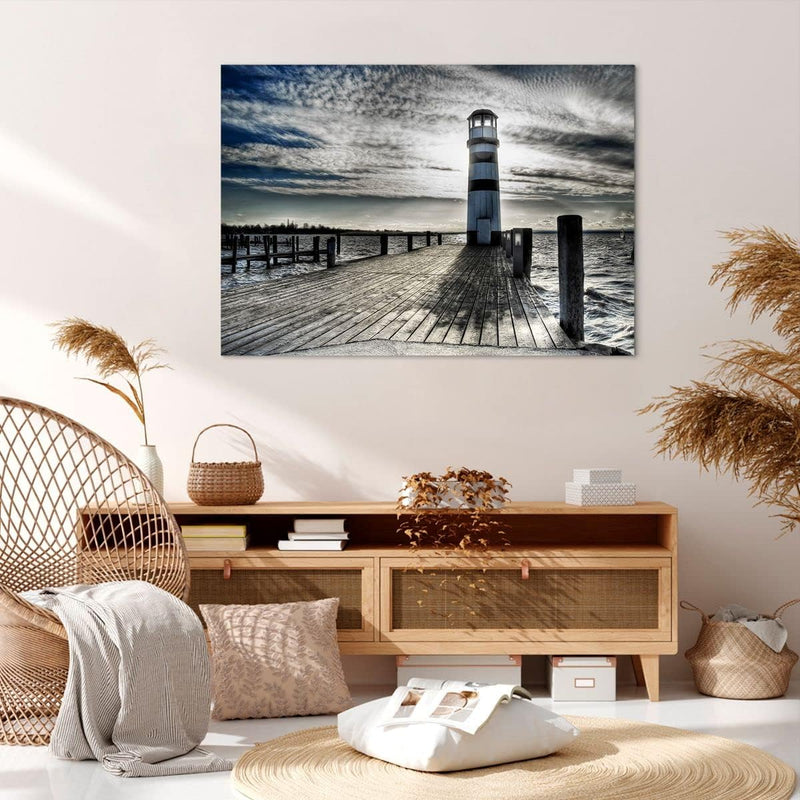 Bilder auf Leinwand 100x70cm Leinwandbild See Leuchtturm Holzbrücke Wasser Gross Wanddeko Bild Schla