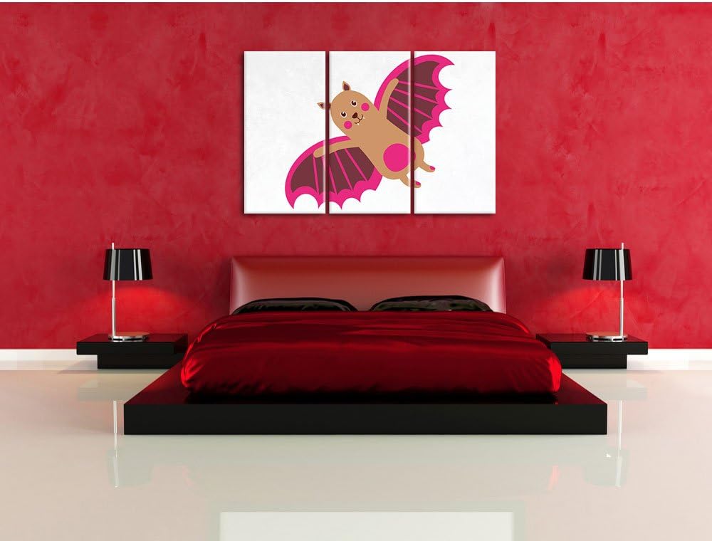 Pixxprint Niedliche Fledermaus / 3-Teilig/Gesamtmass 120cm Leinwandbild bespannt auf Holzrahmen/Wand