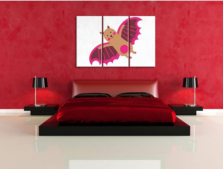 Pixxprint Niedliche Fledermaus / 3-Teilig/Gesamtmass 120cm Leinwandbild bespannt auf Holzrahmen/Wand
