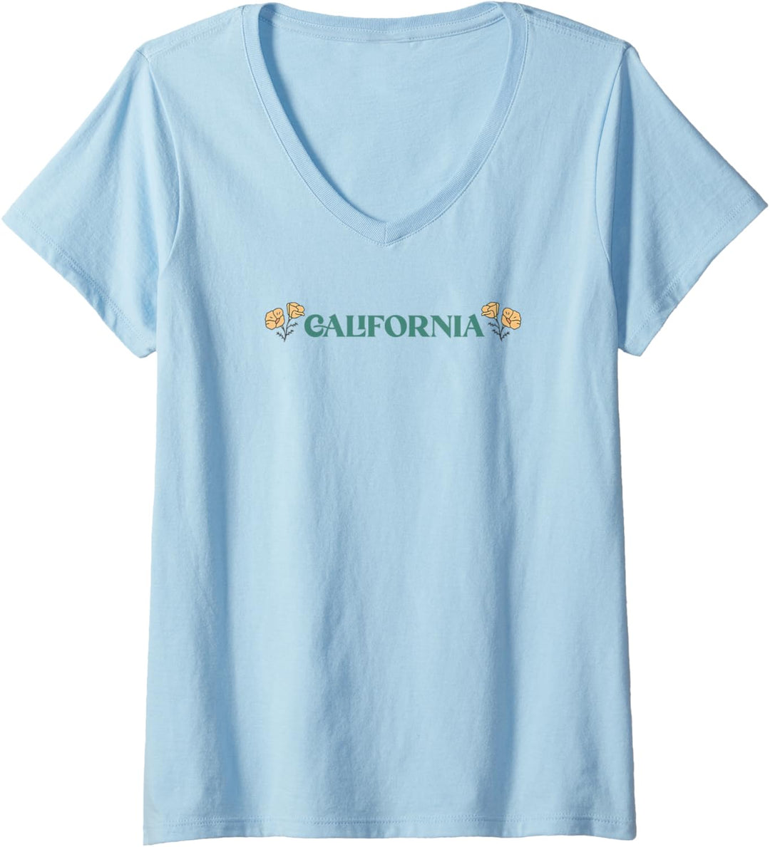 Damen Trendy California Landmarks Icon Map & Text Front & Back T-Shirt mit V-Ausschnitt