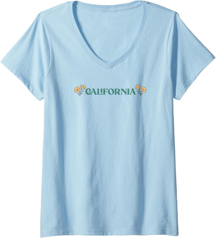 Damen Trendy California Landmarks Icon Map & Text Front & Back T-Shirt mit V-Ausschnitt