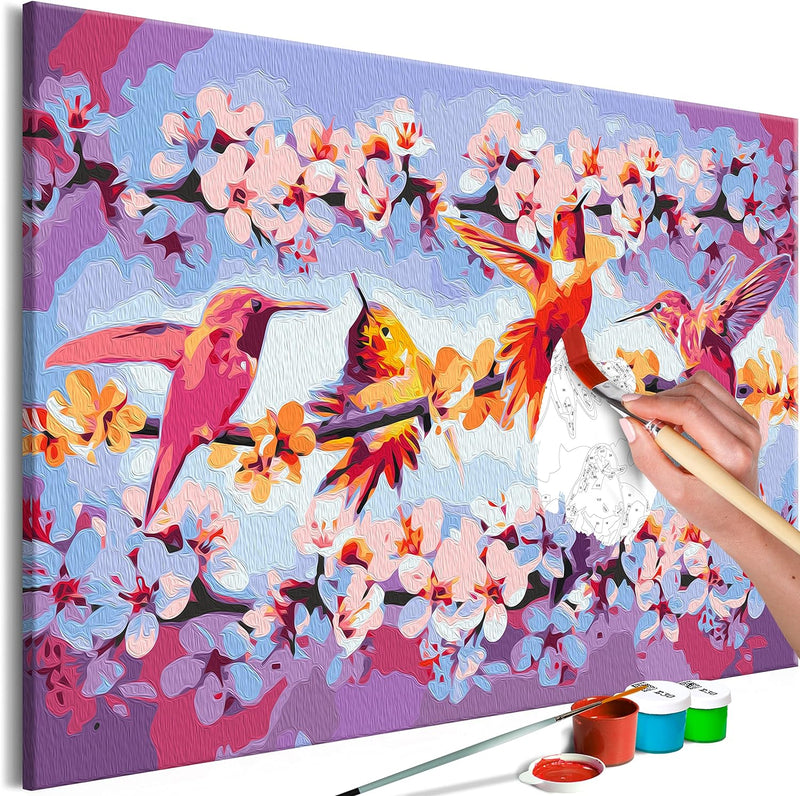 murando - Malen nach Zahlen Kolibri bunt Blumen 60x40 cm Malset mit Holzrahmen auf Leinwand für Erwa