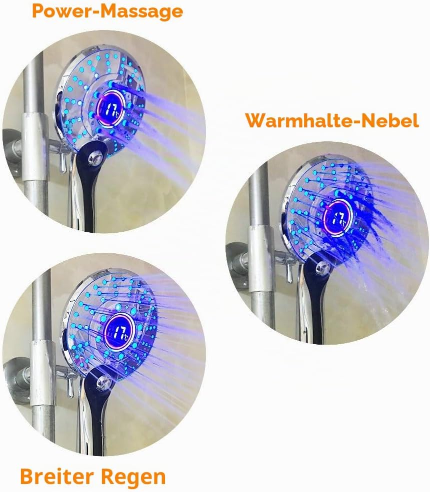 GuDoQi LED Duschkopf, 3 Farben Farbwechsel Temperaturregelung, 3 Strahlarten, Digitale Temperaturanz