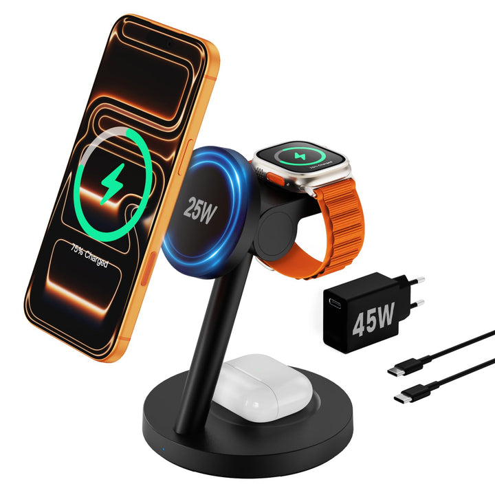 JoyGeek 25 W 3-in-1 Ladestation für iPhone 17/16/15 – Magnetisches Ladegerät für Apple Watch, Samsun