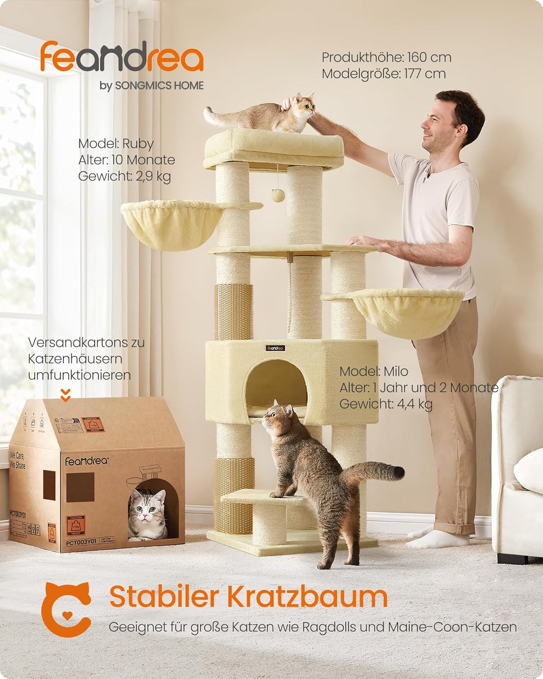 Feandrea Kratzbaum, mit warmen Decken, für grosse Katze, Katzenbaum, 2 Katzenbürsten, 11,1 cm d Dick