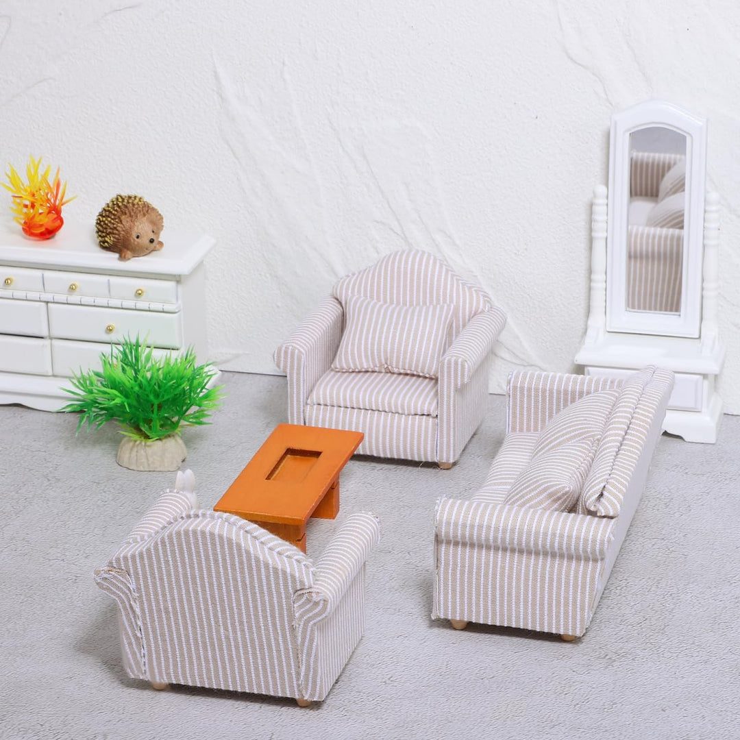 Toddmomy 1:12 Miniatur Sofa Set für Puppenhaus Möbel, Elegante Couch mit Kissen, Holz Mini Möbel Pup