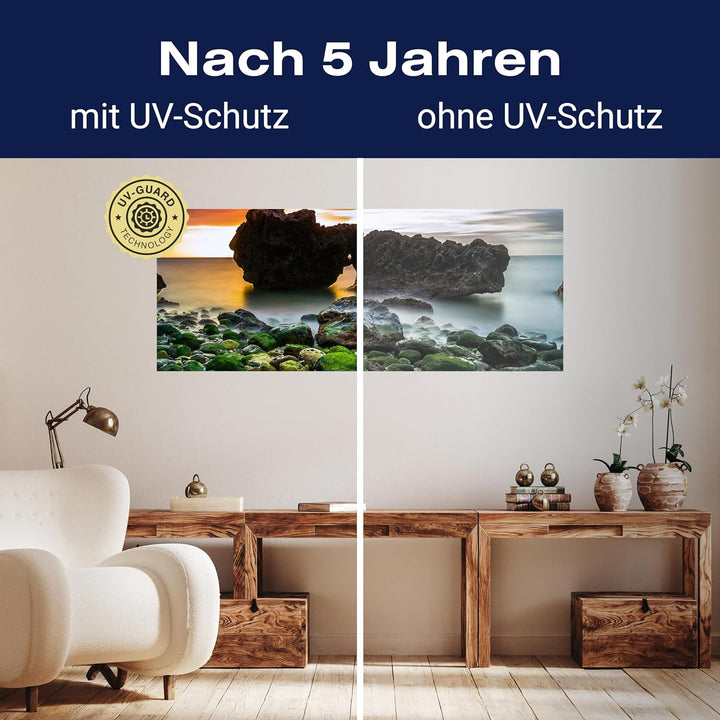 wandmotiv24 Leinwandbild Strand bei Sonnenuntergang mit Felsen 100x40cm (BxH) Bilder auf Leinwand, D