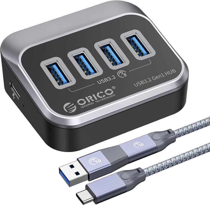 ORICO USB C Hub, 4 Port USB Verteiler, USB 3.2 GEN 1 Hub mit 0,5m 2 in1 USB Kabel, USB Splitter für