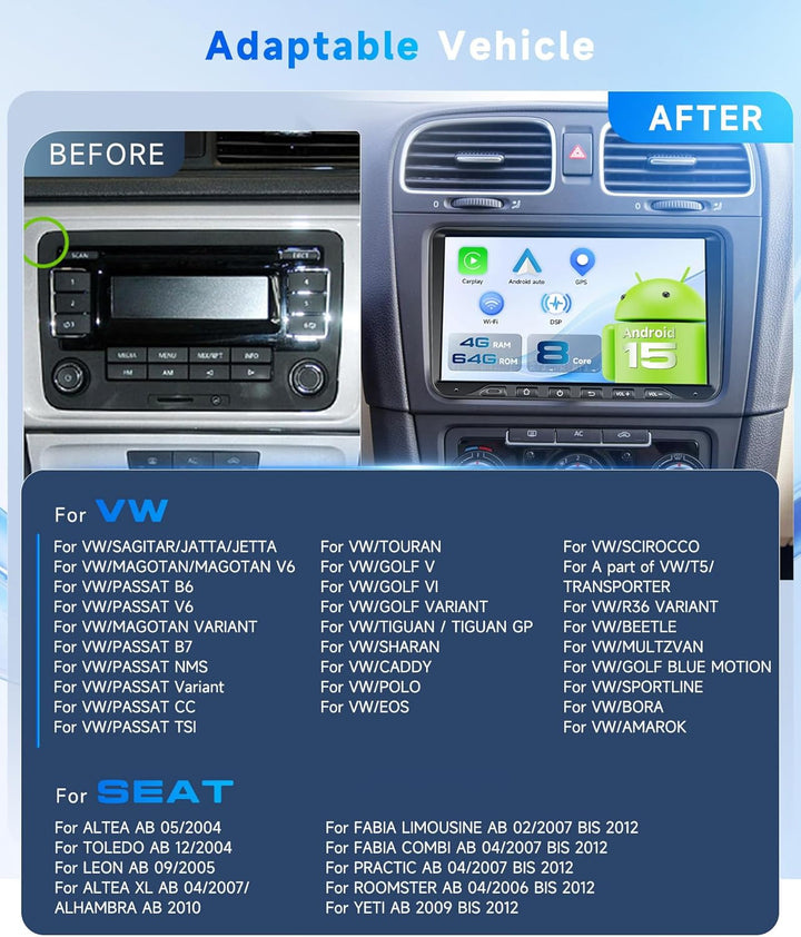 Autoradio 8 Kern Q-Snapdragon 4+64G Android 15 für VW Golf 5 6 Passat Jetta Caddy EOS T5 Tiguan Tour