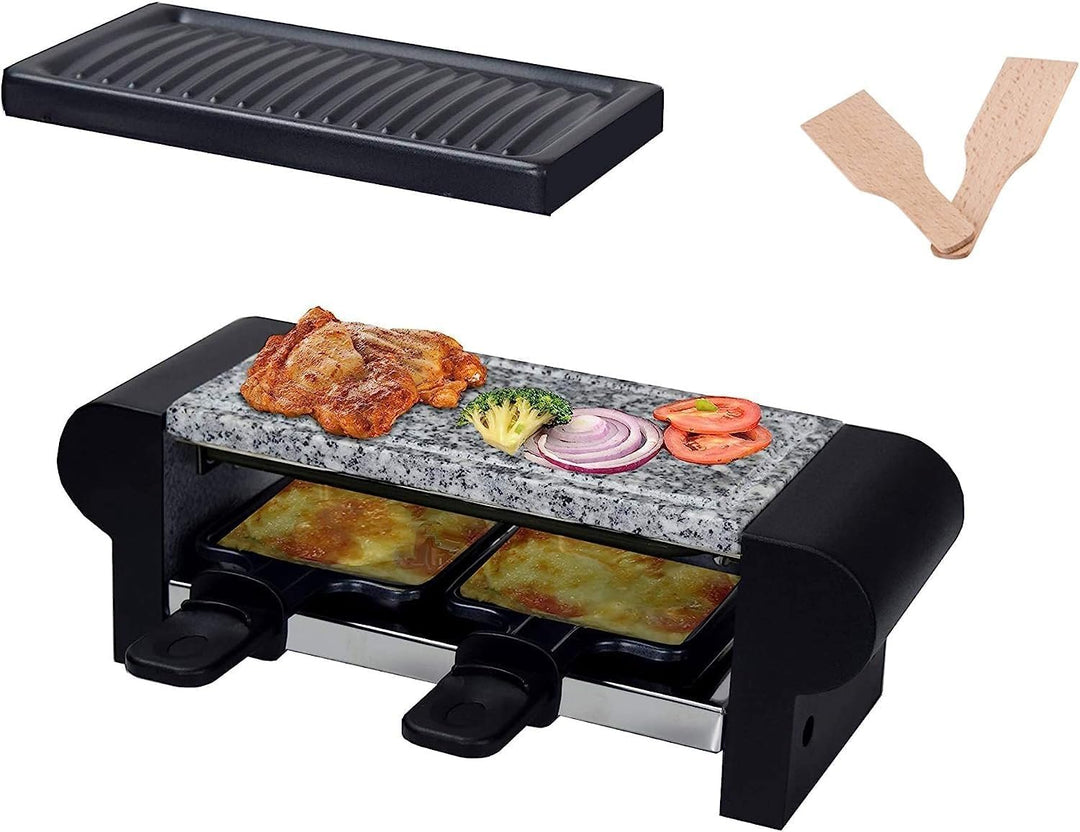 Elektrisch Raclettegrill 350W für 2 Personen mit Steinplatte, antihaftbeschichtete Grillplatte, 2 Kä