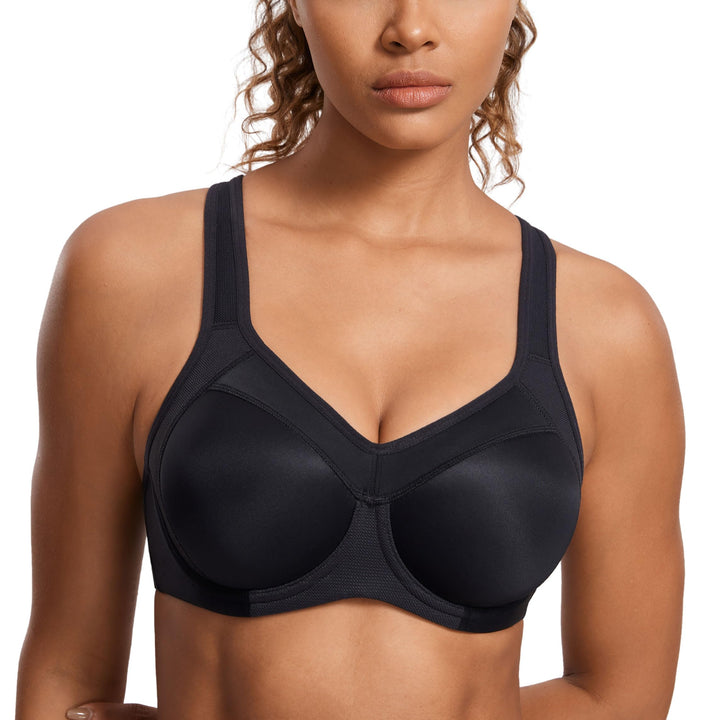 SYROKAN Damen Sport BH Starker Halt- Bügel Push Up Ringerrücken Gepolstert Fitness BH 75G Schwarz 2,