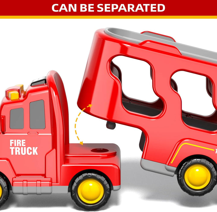 5-in-1 Feuerwehr-Spielzeug für Kleinkinder Jungen & Mädchen, Friktions-Auto-Transporter mit Licht &