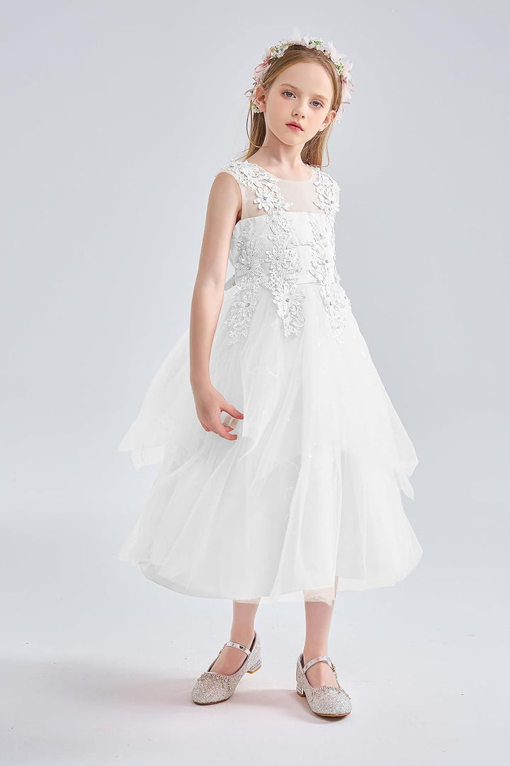 LOLANTA Mädchen Prinzessin Kleid Weiss, Festlich Hochzeit Kommunion Blumensmädchenkleid, Festzug Par