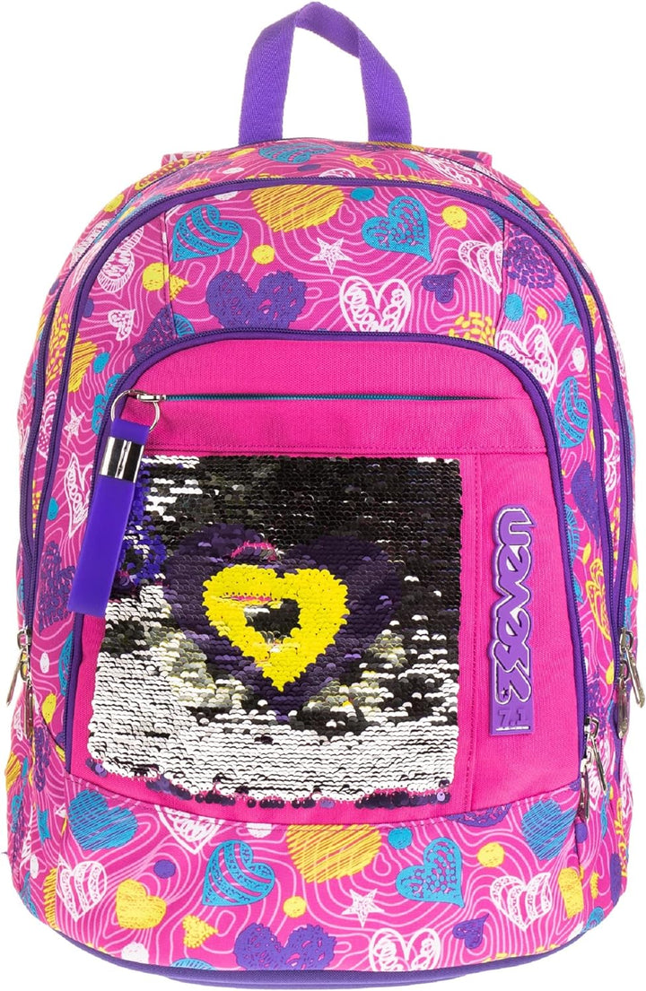 Seven S.P.A. Advanced School Backpack - Shineheart - Rosa - 30 l - Wendbare Pailletten - Reflektiere