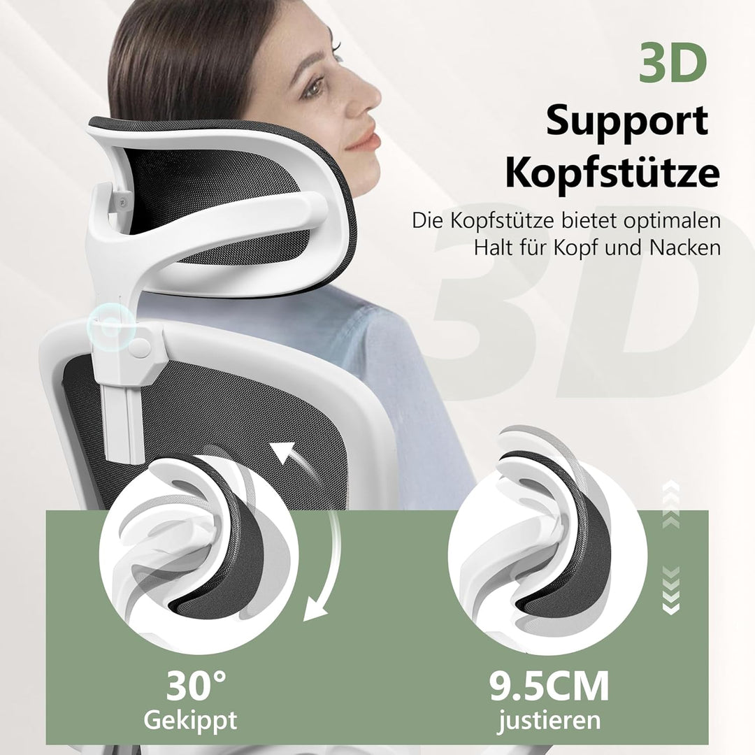 FelixKing Ergonomischer Bürostuhl, verstellbare Lendenwirbelstütze, Drehstuhl, 3D-Kopfstütze und kla