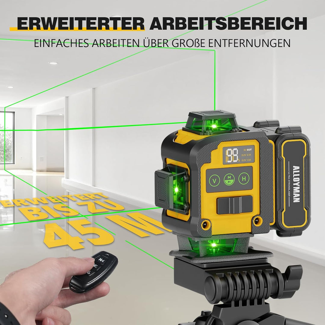 Alloyman Kreuzlinienlaser mit Stativ, 4×360°Laser Wasserwaage, 4D Selbstnivellierend Grün Linienlase