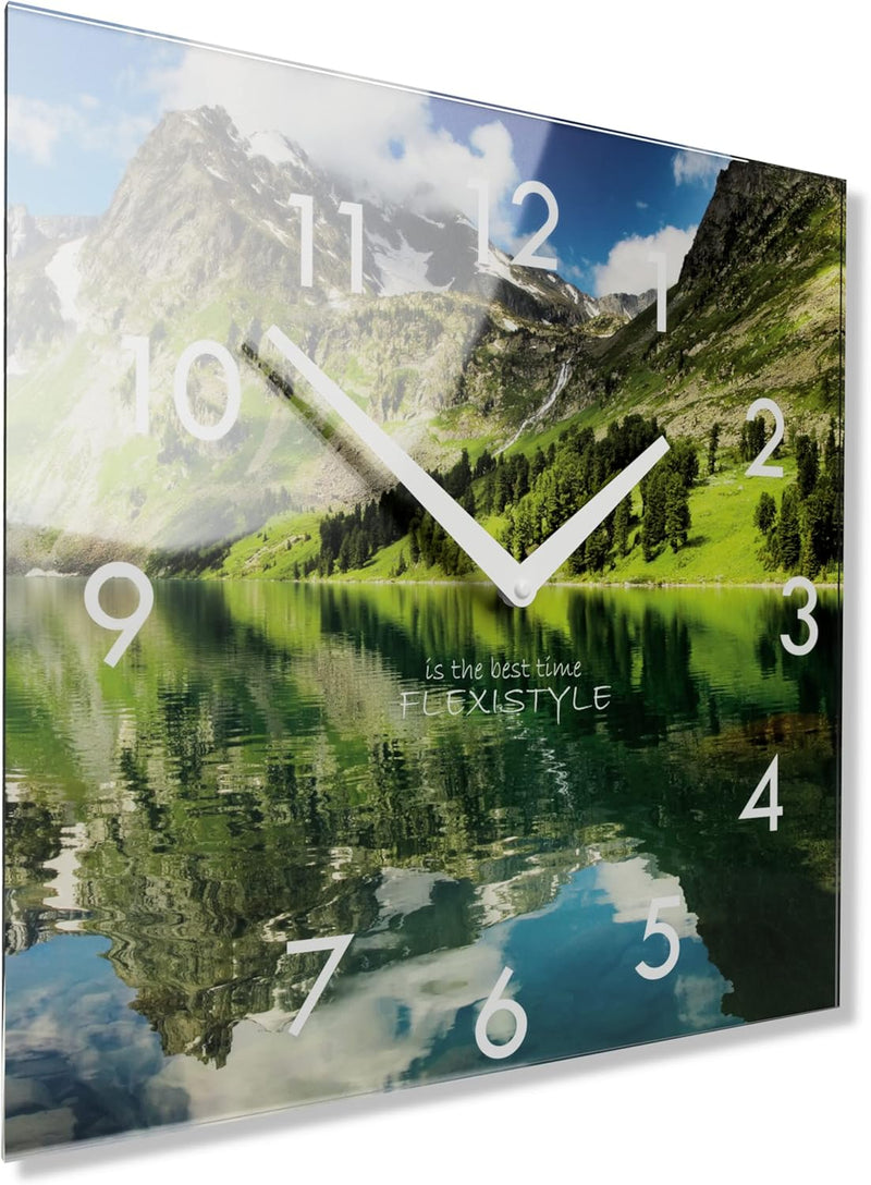 FLEXISTYLE Wanduhr küche Wohnzimmer 30 x 30 cm, aus Glas, mit Direktdruck eckig modern (Berge), BERG