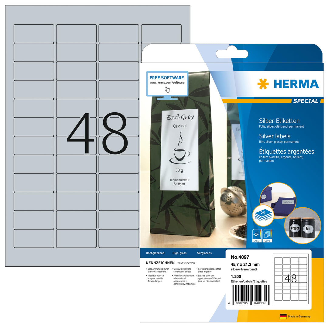 HERMA 4097 Wetterfeste Folienetiketten silber, 25 Blatt, 45,7 x 21,2 mm, 48 Stück pro A4 Bogen, 1200