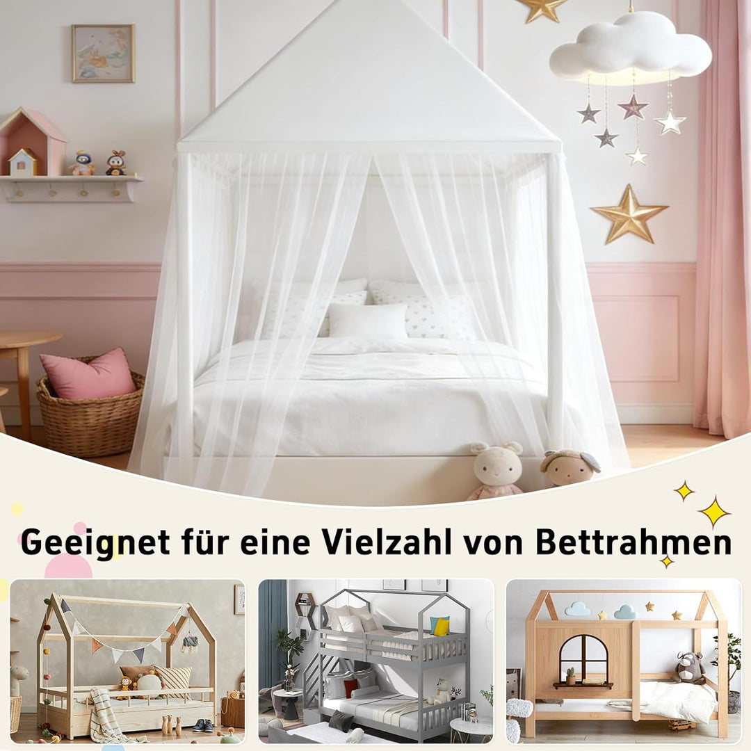 GFCC Prinzessinnen Bettvorhang für Hausbett mit rechteckigem Dach, Weiss Himmelbett Moskitonetz Bald