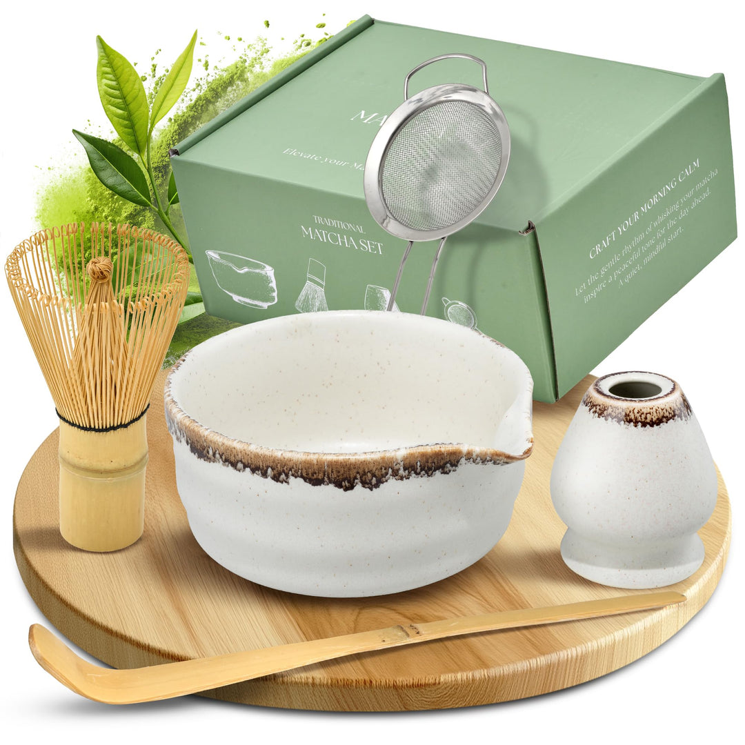 comforder Matcha Set mit Besen – Komplett mit Matchaschale mit Ausgiesser, Chasen, Halter, Löffel un